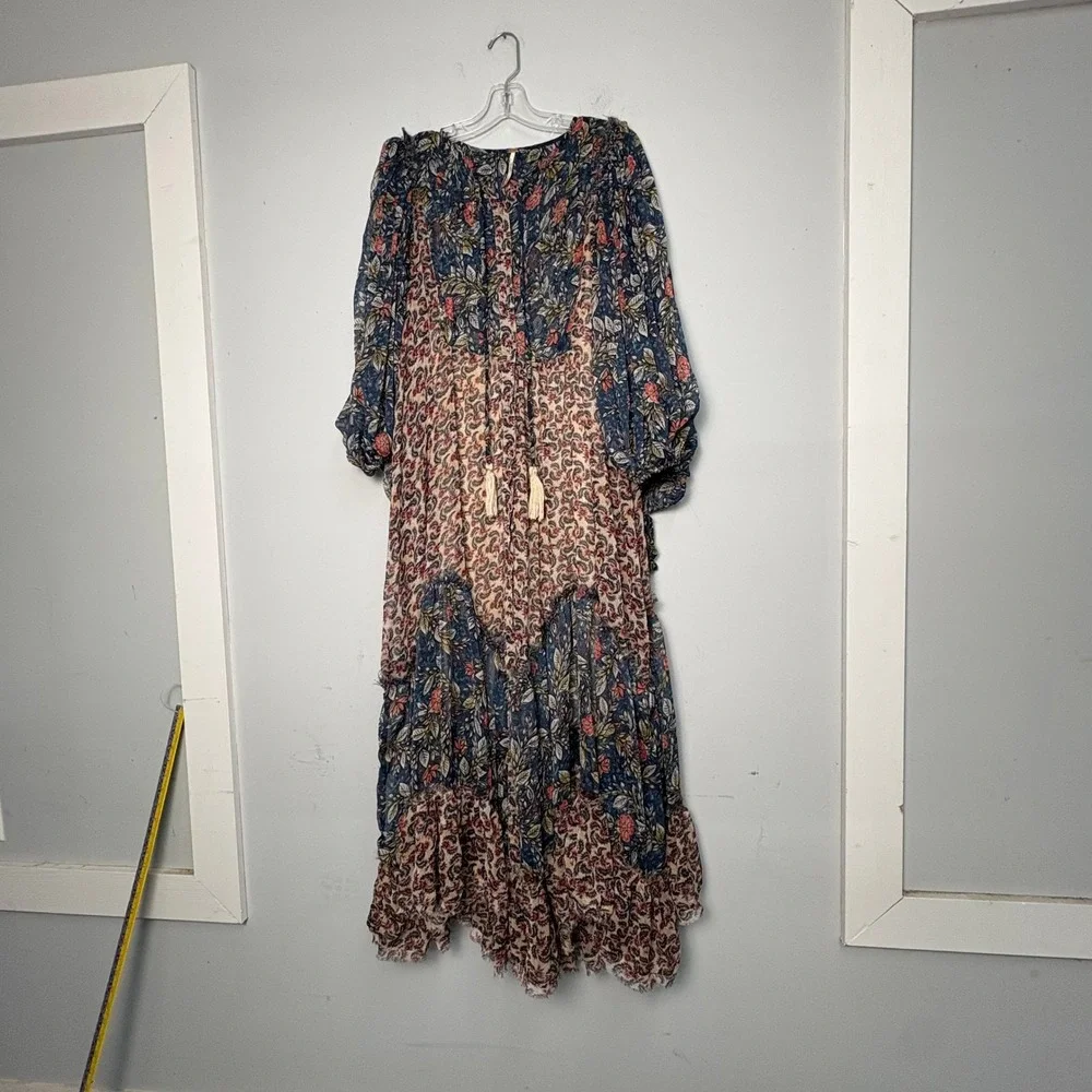 Free People Estelle Floral Paisley Mixed Print Maxi Dress Large L Tassels Boho